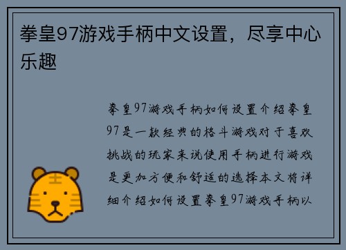 拳皇97游戏手柄中文设置,尽享中心乐趣